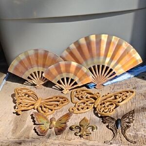 Decorative Folded Fans and Butterfly Wall Accents - Yellow/Gold